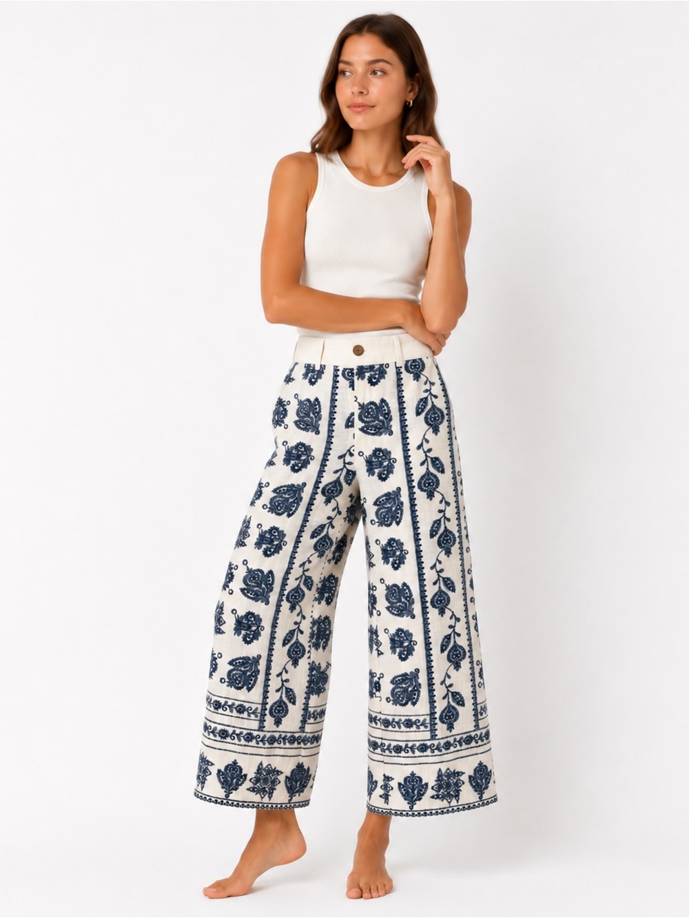 House of Linen Blue & Ivory Printed Linen Blend Wide Leg Cropped Pants